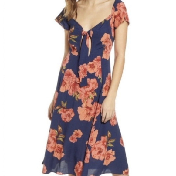 Nordstrom LEITH Navy Red Floral Square Neck Cut Out Midi Dress SZ L - Picture 2 of 11